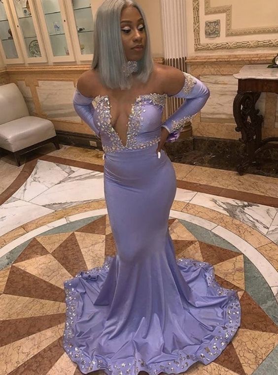 Mermaid Satin Off the Shoulder Long Sleeve Crystal Prom Dress   cg13351