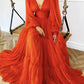 Red v neck long prom dress long sleeve dress   cg13368