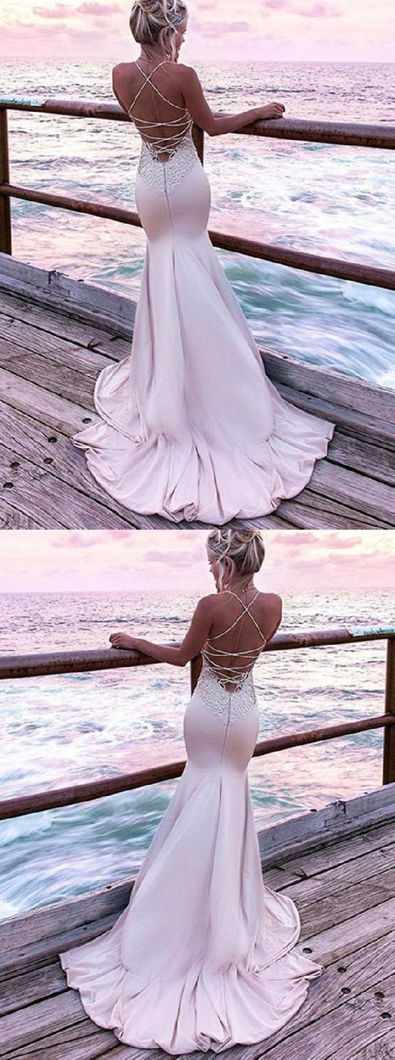 Mermaid Spaghetti Straps Sweep Train Blush Prom Dress with Appliques cg1339