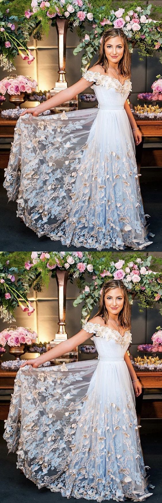 Light Blue Tulle Off The Shoulder prom Evening Gowns  cg1341