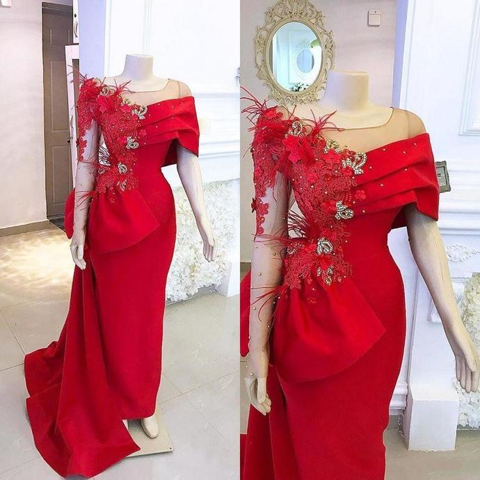 New Red Mermaid Arabic Prom Dresses Scoop Neck Lace Appliques Crystal Beaded Feather Flowers Long Sleeves Evening Dress   cg13410