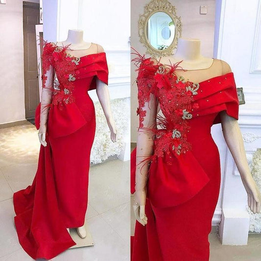 New Red Mermaid Arabic Prom Dresses Scoop Neck Lace Appliques Crystal Beaded Feather Flowers Long Sleeves Evening Dress   cg13410