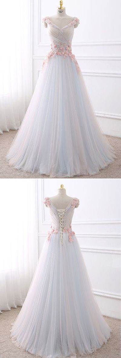 White tulle V neck long flower sweet 16 prom dress cg1342