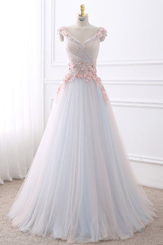 White tulle V neck long flower sweet 16 prom dress cg1342