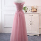 Pink Off Shoulder A-Line Tulle Floor Length Bridesmaid Dress, Pink Prom Dress   cg13426