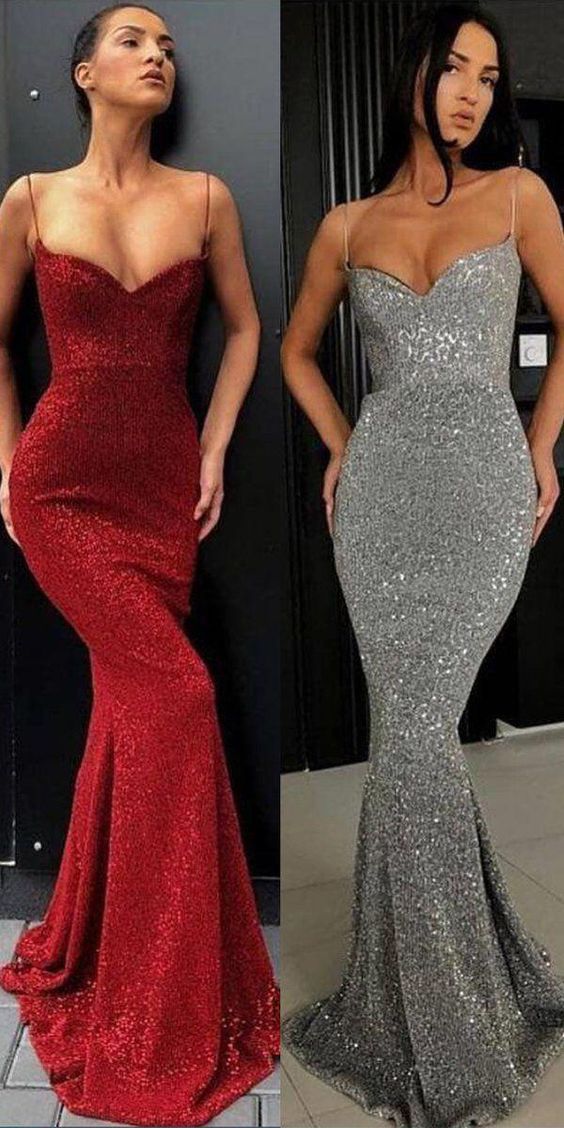 Sparkly Black Sequin Spaghetti Straps Mermaid Backless Prom Dresses cg1349