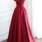 Wine Red Satin Floor Length Party Dress, A-Line Off Shoulder Prom Dress   cg13504