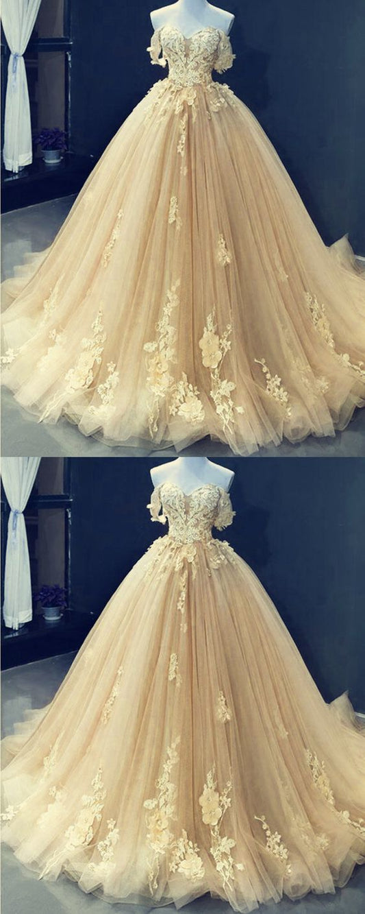 champagne prom dresses tulle princess ball gown lace off shoulder   cg13527