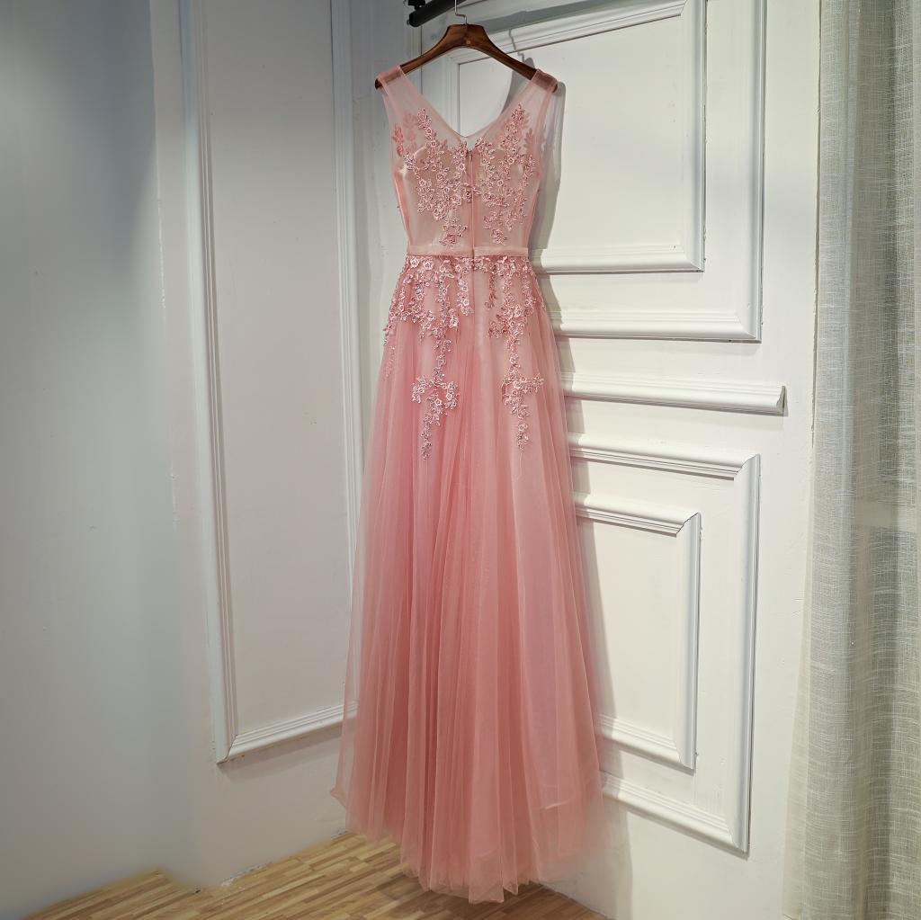 Pink V-Neckline Tulle Long Party Dress, Pink Prom Dress Formal Dress    cg13565