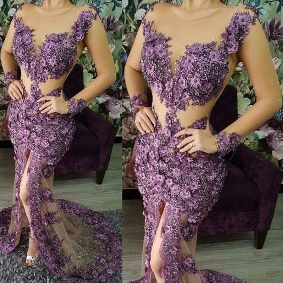 Purple flowers prom dresses beaded front slit luxury evening dresses mermaid lace evening gowns sheer long sleeve   cg13585