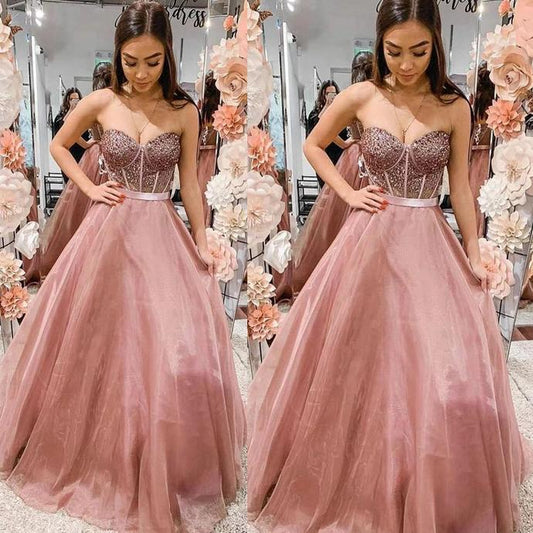 crystal prom dresses 2020 sweetheart neckline beaded organza evening dresses pink formal dresses   cg13615