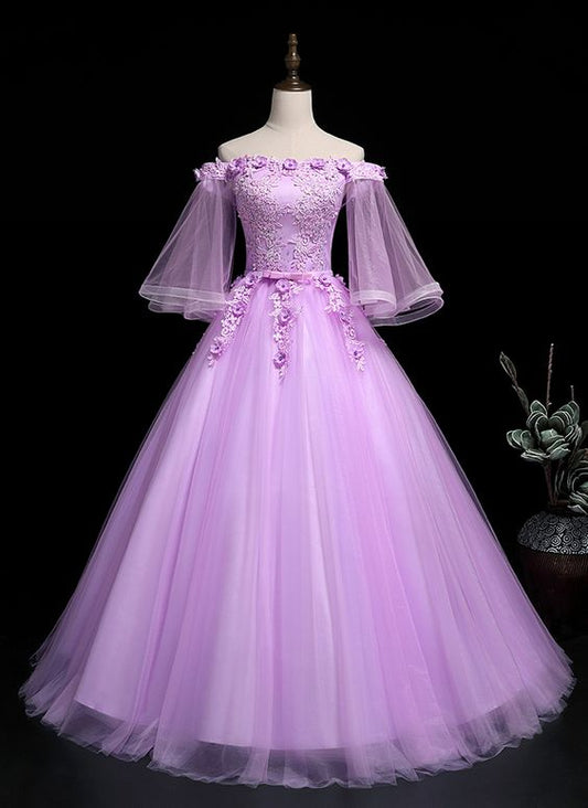 Lavender Tulle Off Shoulder Long Strapless Formal Prom Dress With Sleeve   cg13624