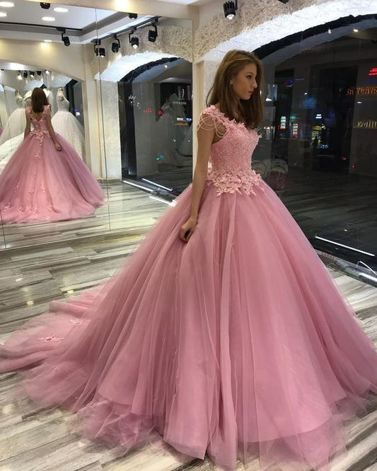 Pink Ball Gown Lace Appliques Beaded Brdial Gowns prom dress  cg13661