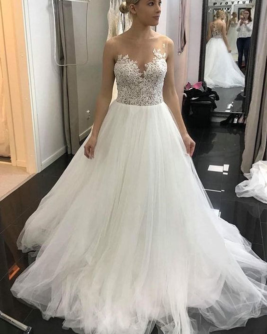 Sheer Neck Lace Bodice Pleated Tulle White Prom Dress   cg13665