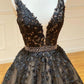 BLACK LACE LONG PROM DRESS A LINE EVENING DRESS    cg13706