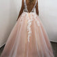A Line V Neck Open Back Pink Lace Appliques Long Prom Dress   cg13753
