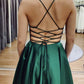 A Line V Neck Floor Length Backless Emerald Green Satin Long Prom Dress   cg13754