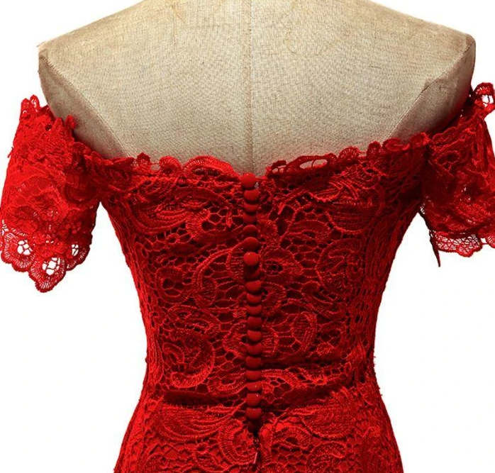 Red Lace Mermaid Long Wedding Party Dress, Off Shoulder Lace Bridesmaid prom Dress   cg13783