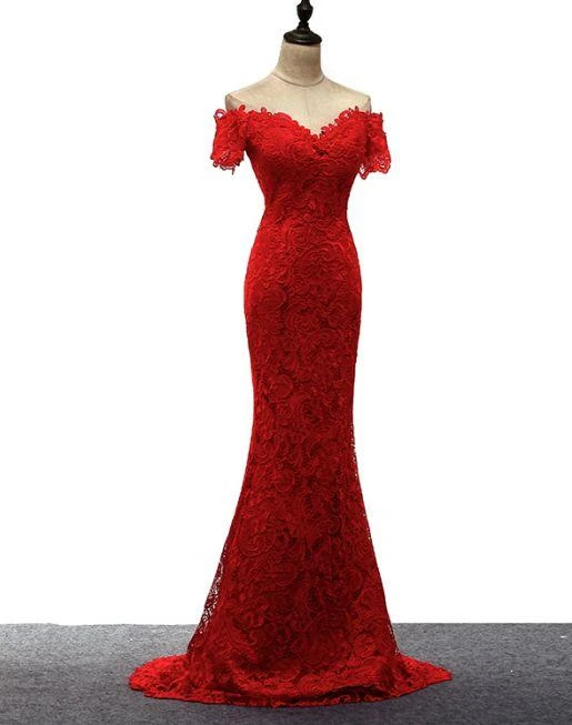 Red Lace Mermaid Long Wedding Party Dress, Off Shoulder Lace Bridesmaid prom Dress   cg13783