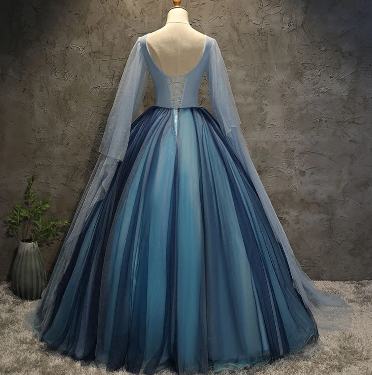 Blue Tulle Ball Gown Long Sweet 16 Dress With Lace Applique, Prom Dress   cg13785