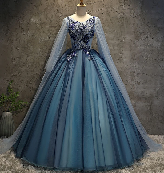 Blue Tulle Ball Gown Long Sweet 16 Dress With Lace Applique, Prom Dress   cg13785