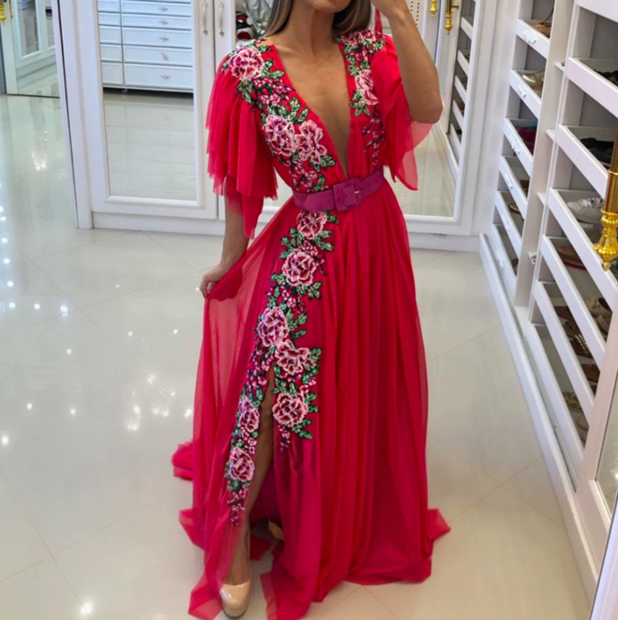 red prom dresses 2020 flowers embroidery beading side slit short sleeve beading sequins side slit floor length evening dresses gowns  cg13807