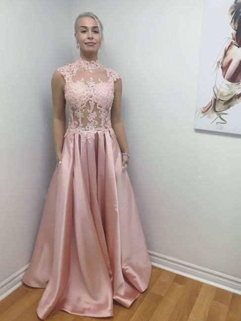 Pink High Neck Prom Dress With Lace , Satin Prom Dress   cg13832