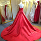 Red Satin Scoop Long Simple Wedding Party Dress, Red Satin Formal prom Gown    cg13901