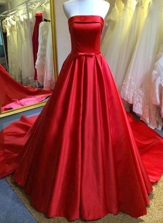 Red Satin Scoop Long Simple Wedding Party Dress, Red Satin Formal prom Gown    cg13901
