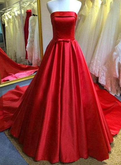 Red Satin Scoop Long Simple Wedding Party Dress, Red Satin Formal prom Gown    cg13901