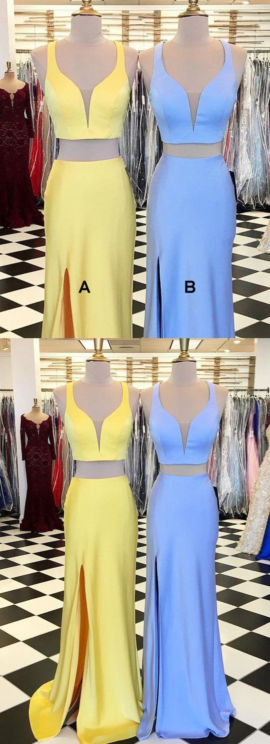 Custom Made Comely Prom Dresses Blue Two Piece Yellow/Blue Mermaid Long Prom Dress With Side Slit cg1392