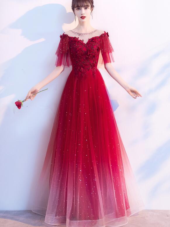 Charming Red Tulle Off Shoudler Gradient Party Dress, A-Line Prom Dress 2021   cg13925