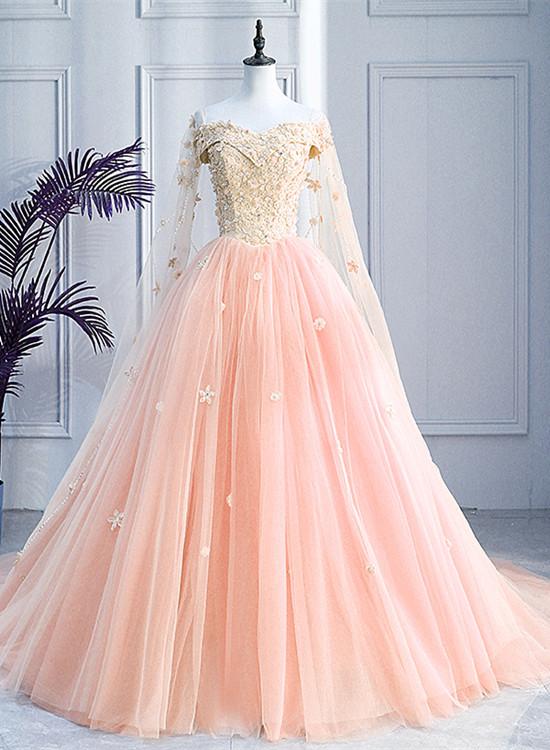 Pink Off Shoulder Tulle With Flowers Ball Gown Sweet 16 Dress, Pink Quinceanera prom Dress   cg13927