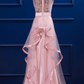 Pink Satin And Tulle Layers Long Party Dress With Lace Applique, Pink Formal prom Dress    cg13961