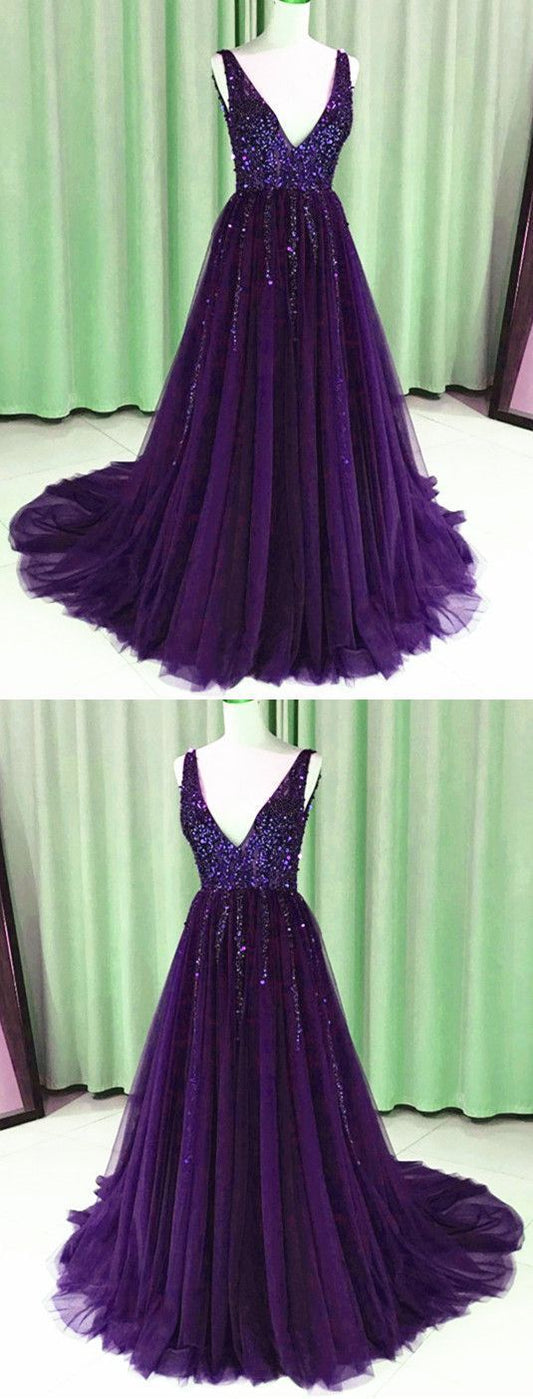 Dark Purple Sequins Beaded V-neck Tulle Open Back Prom Evening Dresses   cg13973