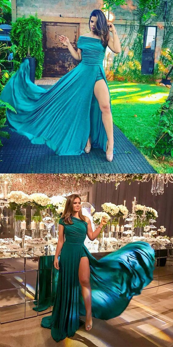 Sheath One Shoulder Sleeveless Side Slit Green Long Prom Dress cg1398