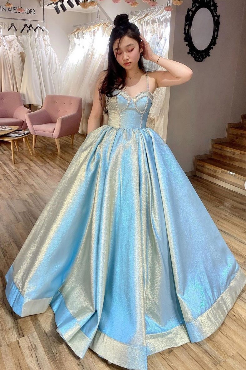 Blue sweetheart satin long prom dress blue sweet 16 dress   cg13989