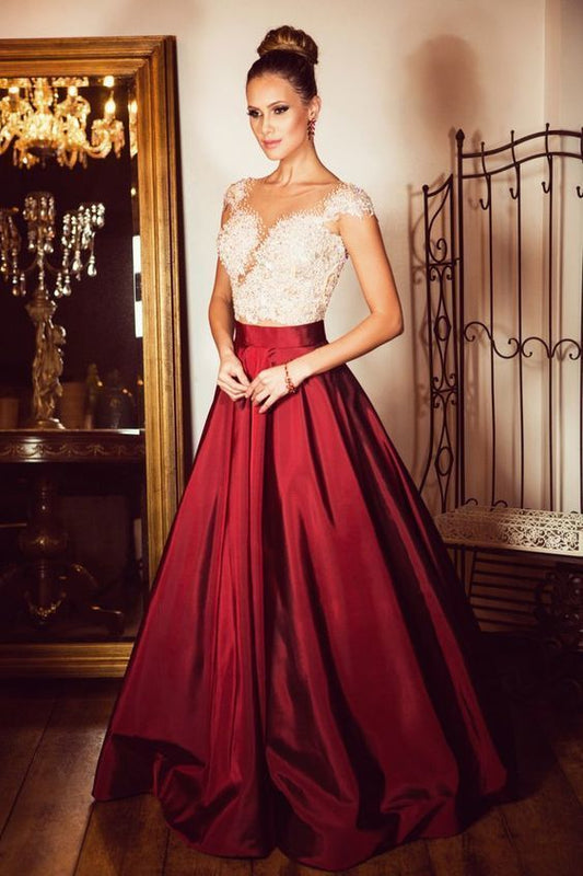 Elegant Formal Dresses illusion Neck Cap Sleeve Beads A Line Satin Burgundy Evening prom Gowns  cg14002