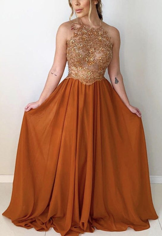 Elegant Gold Lace Beaded Prom Chiffon Dresses Open Back     cg14004