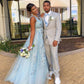 Light Blue Prom Dress,A-Line Prom Gown,V-Neck Evening Dress,Appliques Prom Gown   cg14018