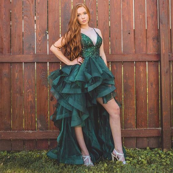 Green High Low Prom Dresses Spaghetti Backless Hi Lo Cascading Ruffles Beads   cg14031