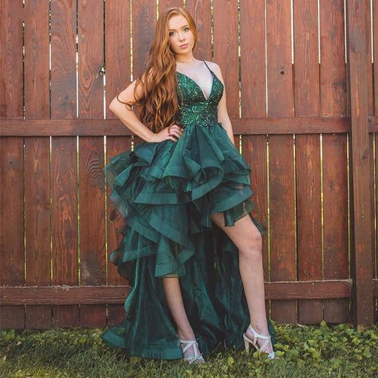 Green High Low Prom Dresses Spaghetti Backless Hi Lo Cascading Ruffles Beads   cg14031