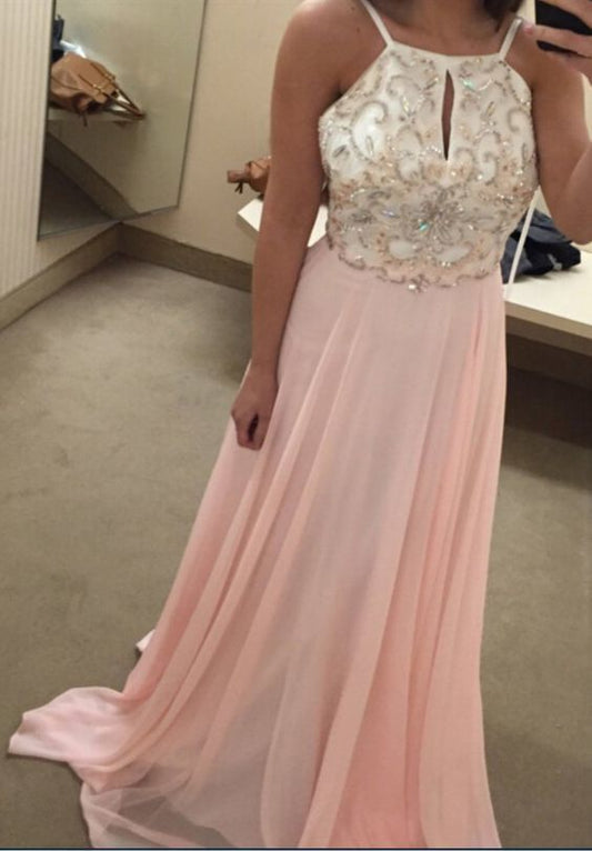 Pink Beaded Evening Dresses Long Elegant Chiffon Scoop Neckline Prom Dress   cg14132