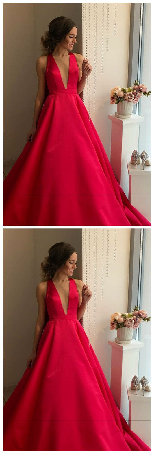 Halter V neck Red Evening Dress, Formal Prom Dresses   cg14181