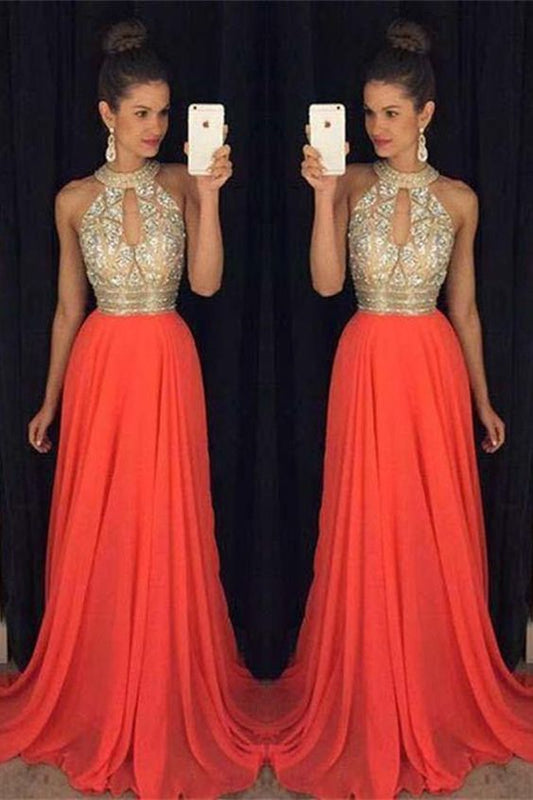 A-line Prom Dresses,Halter Prom Dresses,Prom Dresses For Teens,Red Prom Gowns,Beaded Prom Dress   cg14184