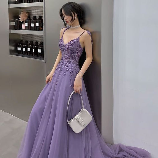 Lavender Evening prom Dresses A-Line prom gown Princess V-Neck Sleeveless Appliques Lace Sweep Train   cg14202