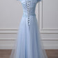 BLUE TULLE LACE OFF SHOULDER LONG PROM DRESS, BLUE EVENING DRESS cg1421