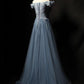 BLUE TULLE LACE LONG PROM DRESS, BLUE TULLE FORMAL DRESS cg1422