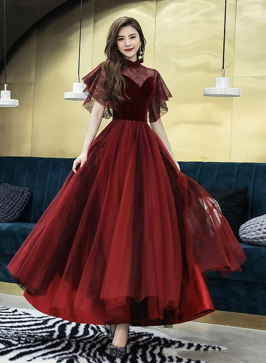Burgundy Velvet Tulle Prom Dress Evening Dress   cg14224