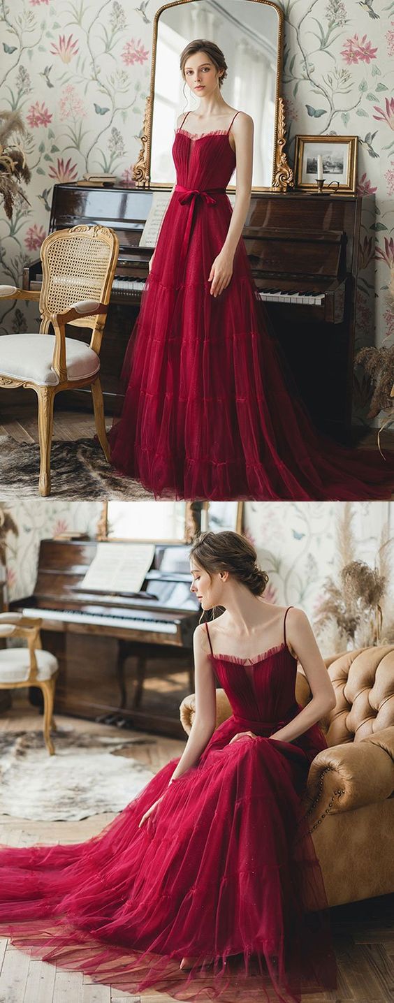 Burgundy tulle long prom dress, burgundy tulle evening dress cg1426